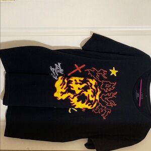 Black T-Shirt with Flame Skull Design